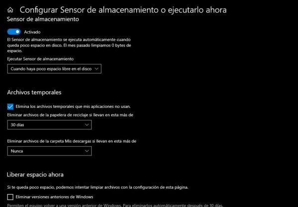 Configurar sensor de almacenamiento en Windows 10