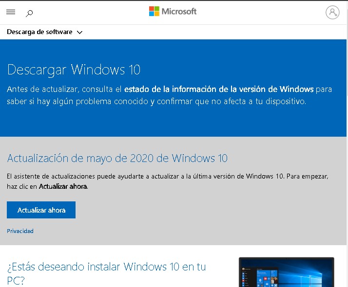 Descargar imagen ISO de Windows 10 desde la página de Microsoft.
